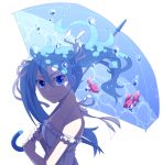  1girl blue_eyes blue_hair fish hair_ribbon hatsune_miku itou_(mogura) looking_at_viewer ribbon solo twintails umbrella vocaloid white_background 
