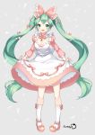  1girl bowtie dress green_eyes green_hair hatsune_miku highres himaya long_hair open_mouth pigeon-toed skirt_hold socks solo twintails very_long_hair vocaloid 