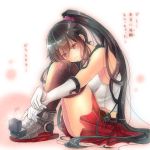  1girl black_hair gloves kantai_collection leg_hug long_hair personification ponytail red_eyes skirt solo translation_request white_s yahagi_(kantai_collection) 