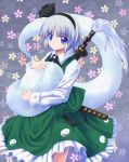  1girl blue_eyes blush cherry_blossoms expressionless grey_background hair_ribbon hidechuu konpaku_youmu konpaku_youmu_(ghost) long_sleeves looking_at_viewer ribbon self_hug sheath sheathed short_hair silver_hair skirt skirt_set solo sword touhou weapon 