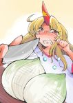  1girl ahoge blonde_hair clenched_teeth dutch_angle fang glint gradient gradient_background hand_on_own_face highres horn hoshiguma_yuugi knife long_hair looking_at_viewer onion red_eyes shinapuu slicing solo star tears touhou 