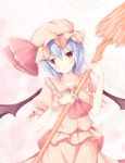  1girl ascot averted_eyes bat_wings blue_hair brooch collarbone doily facing_viewer hasuga_sea hat hat_ribbon head_tilt highres jewelry mob_cap pink_background red_eyes remilia_scarlet ribbon short_hair skirt skirt_set solo spear_the_gungnir touhou wings wrist_cuffs 