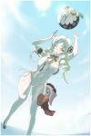  1girl armband arms_up ball beachball bikini blonde_hair breasts charlotte_(madoka_magica) drill_hair hair_ornament highres hiichisato mahou_shoujo_madoka_magica navel neck_ribbon ribbon side-tie_bikini sky solo solo_focus sun swimsuit thigh-highs tomoe_mami twin_drills white_legwear wink witch_(madoka_magica) yellow_eyes 