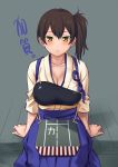  1girl breasts brown_hair cleavage highres japanese_clothes kaga_(kantai_collection) kantai_collection large_breasts long_hair looking_back shoumaru_(gadget_box) side_ponytail solo sweat translation_request yellow_eyes 