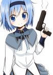  1girl akemi_homura akemi_homura_(cosplay) blue_eyes gun hairband handgun magical_girl mahou_shoujo_madoka_magica miki_sayaka short_hair simple_background smile solo u_u_(mooooooou) weapon white_background 