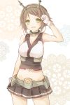  1girl arm_up bare_shoulders breasts brown_hair green_eyes hairband kantai_collection kasu_(return) looking_at_viewer miniskirt mutsu_(kantai_collection) navel open_mouth personification short_hair skirt smile solo 