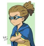  1boy brown_hair cape character_name crossed_arms goggles hairlocs inazuma_eleven inazuma_eleven_(series) kidou_yuuto male mizuhara_aki raimon simple_background soccer_uniform solo white_background 