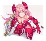  1girl and blue_eyes breasts bullet gun kneeling long_hair mecha_musume original pink_hair robot_ears solo very_long_hair weapon 