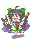 1girl ahoge alcohol beer black_hair black_wings blush bow deformed hair_bow reiuji_utsuho rindou_(p41neko) smile solo touhou wings 