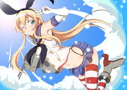  &gt;_&lt; 1girl :d ;p black_panties blonde_hair blush boots cannon elbow_gloves flat_chest gloves green_eyes hair_ornament hairband highleg highleg_panties kantai_collection long_hair maaya_(kareidogao) navel open_mouth panties personification sailor_collar shimakaze_(kantai_collection) skirt smile striped striped_legwear thigh-highs tongue turret underwear white_gloves wink x_x xd 