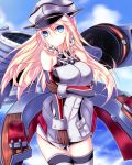  1girl bismarck_(kantai_collection) blonde_hair blue_eyes breasts brown_gloves detached_sleeves gloves hat kantai_collection long_hair peaked_cap personification solo thigh-highs tkfm 