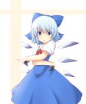 1girl :o blue_eyes blue_hair bow chiro-minami cirno crossed_arms dress hair_bow highres ice ice_wings kunai looking_at_viewer ribbon short_hair short_sleeves simple_background solo striped striped_background touhou weapon white_background wings 