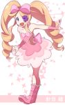  1girl bare_shoulders blonde_hair blue_eyes boots bow dress drill_hair earrings eyepatch hair_bow harime_nui heart jewelry kill_la_kill long_hair open_mouth smile solo strapless_dress sung107 twin_drills twintails wrist_cuffs 
