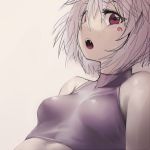  1girl bare_shoulders breasts bust fangs geppewi inubashiri_momiji looking_at_viewer open_mouth red_eyes rough short_hair silver_hair small_breasts solo touhou 
