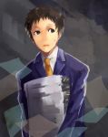  1boy adachi_tooru black_hair formal necktie paper_stack persona persona_4 short_shorts shorts suit sweatdrop yusano 