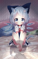  2girls akisha animal_ears bare_legs barefoot blue_dress blue_eyes blue_hair blush bow cat_ears cat_tail cirno collar daiyousei dress fairy_wings hair_bow hair_ribbon highres ice ice_wings kemonomimi_mode leash light_particles looking_at_viewer multiple_girls ominous_shadow on_bed pillow polka_dot puffy_sleeves ribbon shadow shirt short_sleeves side_ponytail sitting sitting_on_bed tail tears touhou v_arms wavy_mouth wings 