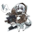  1girl bag chibi eiri_(eirri) fang glowing glowing_eyes hood jacket kantai_collection open_mouth re-class_battleship salute shinkaisei-kan short_hair silver_hair smile tail violet_eyes 