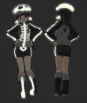  1girl akidenmania black_background black_hair dokurohime flat_chest from_behind glowing hands_on_hips long_hair looking_at_viewer open_mouth original red_eyes simple_background smile solo turnaround 