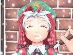  1girl braid calligraphy_brush closed_eyes commentary_request drooling face face_writing hair_ribbon hat hong_meiling kanji paintbrush pov_hands redhead ribbon shirosato sleeping snowing star touhou twin_braids 