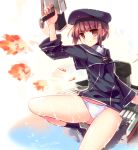  1girl bangs beret blue_vert blunt_bangs blush brown_hair hat kantai_collection no_pants panties personification short_hair solo underwear uniform weapon z3_max_schultz_(kantai_collection) 