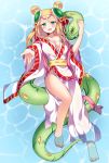  1girl aqua_eyes blonde_hair blush breasts dress hair_ornament hair_ribbon kaki_s looking_at_viewer meimei_(p&amp;d) open_mouth puzzle_&amp;_dragons ribbon smile snake solo turtle_shell 