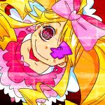  1girl ala_chan amputee blonde_hair bow dress drill_hair earrings eyepatch from_above hair_bow harime_nui heart jewelry kill_la_kill long_hair no_arms sharp_teeth smile solo spoilers strapless_dress twin_drills twintails violet_eyes 