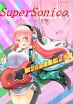  1girl blush breasts guitar headphones highres instrument karaage_(ta-na) large_breasts long_hair looking_at_viewer nitroplus open_mouth pink_eyes pink_hair plectrum smile solo super_sonico zoom_layer 