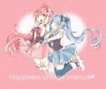  2girls aino_megumi blue_hair blue_legwear blue_skirt blush boots closed_eyes copyright_name crown cure_lovely cure_princess english eyelashes hair_ornament hair_ribbon happinesscharge_precure! happy heart heart_background heart_hair_ornament high_heels long_hair magical_girl multiple_girls natsuno227 open_mouth pink_background pink_eyes pink_hair pink_skirt ponytail precure puffy_sleeves ribbon shirayuki_hime shirt skirt smile thigh-highs thigh_boots thighs twintails vest white_background white_legwear wrist_cuffs zettai_ryouiki 