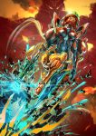  1girl arm_cannon blonde_hair blue_eyes bodysuit breasts digital_dissolve energy_ball helmet highres metroid samus_aran tommaso_renieri varia_suit weapon zero_suit 