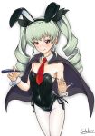  1girl anchovy animal_ears breasts bunny_tail bunnysuit cape cleavage detached_collar drill_hair eshi_(solokov) female girls_und_panzer green_hair highres long_hair necktie pantyhose rabbit_ears red_eyes tail twin_drills twintails whip white_legwear wrist_cuffs 