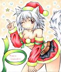  absurdres animal_ears bare_shoulders blush breasts cleavage detached_sleeves fang hat highres inte_(whitewolftail) inubashiri_momiji looking_at_viewer midriff miniskirt red_eyes santa_costume santa_hat short_hair silver_hair skirt smile snow tail touhou wink wolf_ears wolf_tail 
