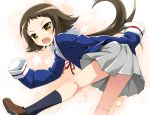  1girl blush brown_hair gotou_jin long_hair looking_at_viewer mikakunin_de_shinkoukei mitsumine_mashiro open_mouth ribbon school_uniform skirt sleeves_past_wrists socks solo yellow_eyes 