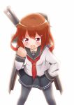  1girl absurdres blush brown_hair clenched_hands hair_ornament hairclip highres ikazuchi_(kantai_collection) kantai_collection long_sleeves okuva personification pink_eyes sailor short_hair skirt solo weapon white_background 