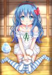  1girl alternate_costume bare_shoulders blue_eyes blue_hair blush bow date_a_live dress hair_bow hairband hand_puppet highres kazenokaze long_hair looking_at_viewer puppet shaved_ice solo striped striped_legwear stuffed_toy thigh-highs white_dress wooden_floor yoshino_(date_a_live) yoshinon 