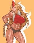  1girl abs blush breasts hand_on_hip highres horn hoshiguma_yuugi huge_breasts long_hair muscle nameo_(judgemasterkou) navel parted_lips red_eyes short_shorts shorts solo sweat tan thick_thighs thighs tied_shirt touhou towel towel_around_neck 