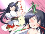  2girls bare_shoulders black_hair blood blush breast_slap breasts closed_eyes deego_(omochi_bazooka) detached_sleeves fusou_(kantai_collection) hair_ornament huge_breasts japanese_clothes kantai_collection large_breasts long_hair multiple_girls nosebleed open_mouth personification short_hair skirt yamashiro_(kantai_collection) 