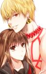  1boy 1girl blonde_hair brown_eyes brown_hair earrings fate/extra fate/extra_ccc fate_(series) gilgamesh jewelry kishinami_hakuno_(female) long_hair natsu_yosuga red_eyes tattoo 