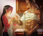  1boy 1girl abs apron bandages bangs dark_skin fullmetal_alchemist multicolored_hair muscle needle ponytail red_eyes redchinese rose_tomas scar scar_(fma) stitching tattoo violet_eyes watermark 