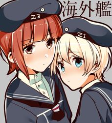  2girls blonde_hair blue_eyes blush brown_eyes hat kantai_collection looking_at_viewer multiple_girls okia orange_hair personification sailor_collar short_hair translation_request z1_leberecht_maass_(kantai_collection) z3_max_schultz_(kantai_collection) 