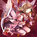  1girl brown_hair cardcaptor_sakura cherry_blossoms closed_eyes clow_card flower fumiko_(miruyuana) fuuin_no_tsue gloves hair_flower hair_ornament hat highres kinomoto_sakura magic_circle nail_polish short_hair solo wand 