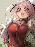  1girl bandages blush breasts double_bun fang geppewi ibaraki_kasen large_breasts looking_at_viewer open_mouth pink_eyes pink_hair rough short_hair solo touhou 