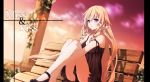  1girl bench blonde_hair butterfly_hair_ornament camisole english hair_ornament knees_up lily_(vocaloid) long_hair sitting solo very_long_hair violet_eyes vocaloid yuuki_kira 