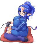  1girl blue_eyes blue_hair breasts controller game_controller gamepad glasses highres higuma hooves horn large_breasts long_hair looking_at_viewer ponytail smile solo tail 