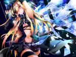  1girl arm_up blonde_hair blue_eyes breasts elbow_gloves gloves highres lily_(vocaloid) long_hair nail_polish navel shorts tyouya under_boob vocaloid zipper 