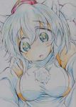  1girl absurdres animal_ears bare_shoulders breasts bust colored_pencil_(medium) commentary_request detached_sleeves grey_eyes hat hat_ribbon highres inubashiri_momiji kitazinger large_breasts looking_at_viewer open_mouth ribbon shirt sideboob silver_hair solo tokin_hat touhou traditional_media wolf_ears 