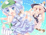  2girls blonde_hair blue_background blue_eyes blue_hair bow braid breasts broom broom_riding danmaku emphasis_lines extra_arms fang flying hair_bobbles hair_bow hair_ornament hand_on_headwear hat index_finger_raised iyokan-zeri kawashiro_nitori key kirisame_marisa knees_together knees_up long_hair long_sleeves looking_at_viewer multiple_girls open_mouth outstretched_hand puffy_short_sleeves puffy_sleeves short_hair short_sleeves single_braid skirt skirt_set star star-shaped_pupils symbol-shaped_pupils touhou twintails witch_hat 
