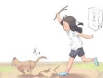  1girl anyannko brown_hair cat chasing gym_uniform highres long_hair original solo translated 