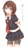  1girl arms_behind_back blue_eyes braid brown_hair hair_ornament kantai_collection kasu_(return) looking_at_viewer necktie personification shigure_(kantai_collection) single_braid skirt smile solo translation_request 