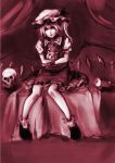  1girl dress expressionless flandre_scarlet hat hat_ribbon highres holding lisitsa mob_cap monochrome open_mouth red red_eyes ribbon short_hair short_sleeves side_ponytail skull socks solo stuffed_animal stuffed_toy teddy_bear touhou wings 
