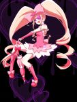  1girl blonde_hair boots bow closed_umbrella dress drill_hair earrings eyepatch frills hair_bow harime_nui ice_(aitsugai) jewelry kill_la_kill long_hair pink_dress smile solo twin_drills twintails umbrella wrist_cuffs 